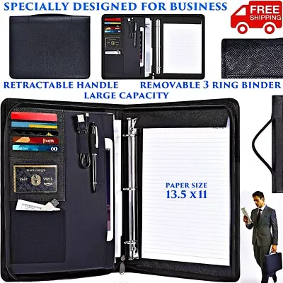 Zippered Business Padfolio Leather Portfolio 3 Ring Binder Tablet Pocket Handle • $35.11