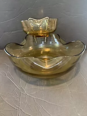 Vtg Mid Century Modern MCM Amber Glass Chip & Dip W/Metal Holder Crimped Edge • $23.19