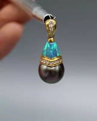 Kabana 18k 750 Yellow Gold Diamond Opal Tahitian Pearl Pendant *NEW* Free Ship • $1399.99