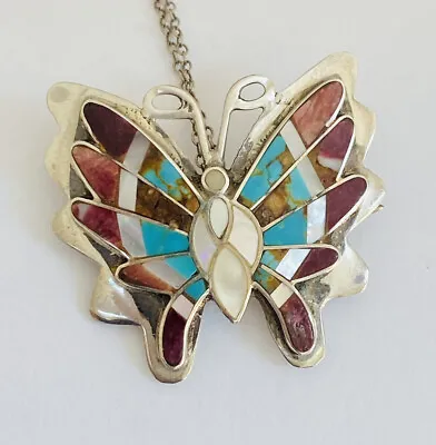 Navajo Sterling Silver Turquoise Spiny Oyster Butterfly Pin Pendant Necklace 18” • $99.99