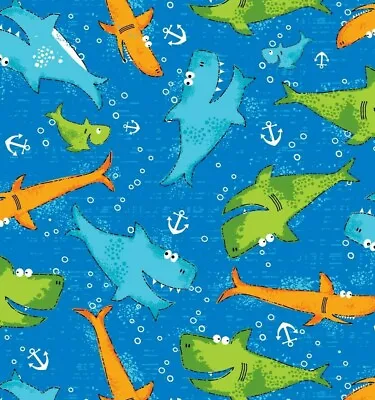 Blue Nautical Fabric Sharks Cotton Fabric Ocean Fabric Kids Coastal Fabric  • £10.95