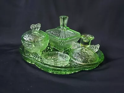 £49.99 • Buy Vintage 1930's Green Glass Dressing Table Set & Tray