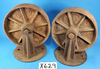 Caster Wheels Industrial Steampunk Cast Iron Large Pair 6.75  Wheel Antique  • $59.95