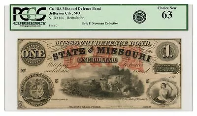 1860's Cr.18A $1 The State Of MISSOURI  Missouri Defence Bond  Note - PCGS CU 63 • $150