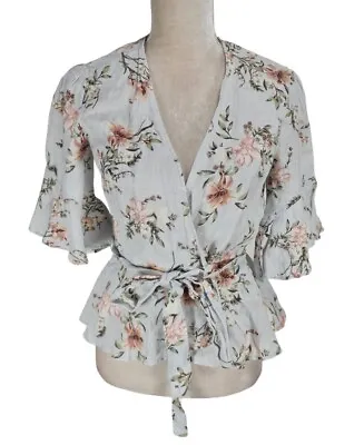 ZARA Floral Gray 100% Linen Real Wrap Peplum Blouse Tie Waist Women Size S • $15.19