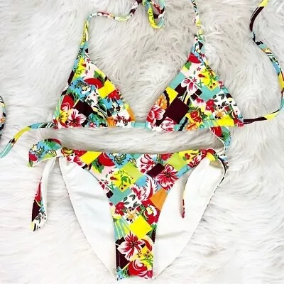 Lenny Bananhot Yellow Pink Brown Floral Side Tie Triangle Top Bikini Medium • $34.96