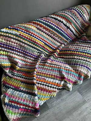 Vintage Handmade Crochet Vibrant Multi-Colored Throw Blanket 68 By 66 Inches • $30