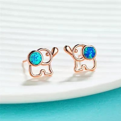 Women's Cute Blue Round Simulated Opal Rose Gold Hollow Elephant Small Stud Earr • $0.04