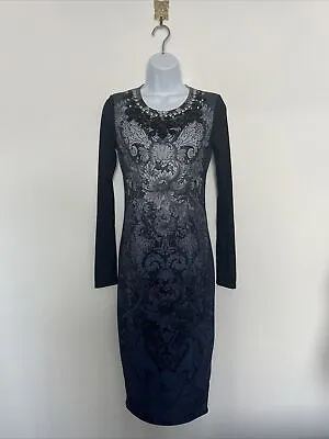 Needle & Thread Dress Black Grey Pencil  Embellished Long Sleeve Midi Sz 10 • £30