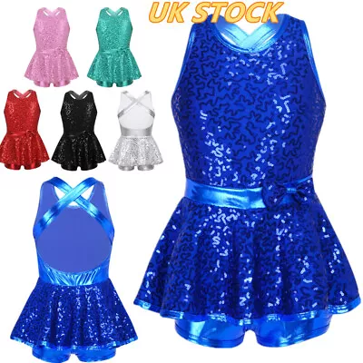 UK Kids Girls Shiny Sequins Dance Dress Gymnastic Leotard Dancewear Costume • £13.66