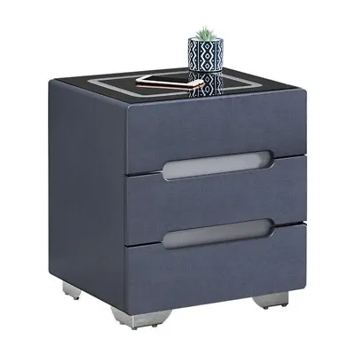 Grey Bedside Tables LED Lights Cabinets 3 Drawers Wireless Charging Bedroom • £89.99