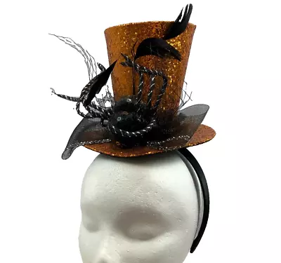 Halloween Glitter Mini Top Hat Black Spider Feathers Netting Headband Fascinator • $18.60