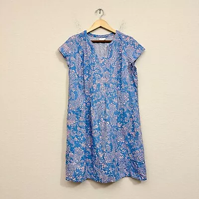 J. JILL Love Linen Floral Print Pintucked Shift Dress In Blue/Pink Sz M W7951 • $35