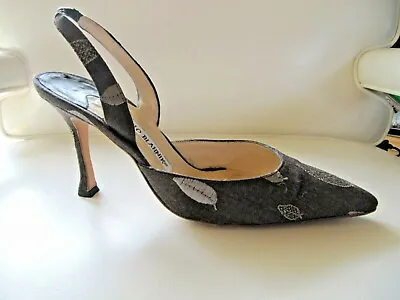 MANOLO BLAHNIK Brown Fabric Covered Slingbacks In Leaf Motif Size 36 • $69