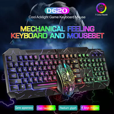 LED Gaming Keyboard + Mouse Backlight RGB Colour Back Light Up Rainbow PC Laptop • £12.99