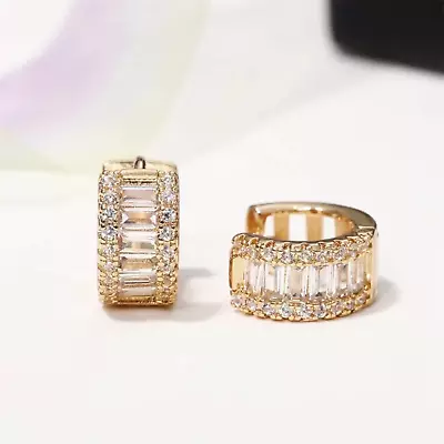 Gold Plated Hoop Earrings With Cubic Zirconia Unisex Hip Hop Jewelry Women Men • $4.99