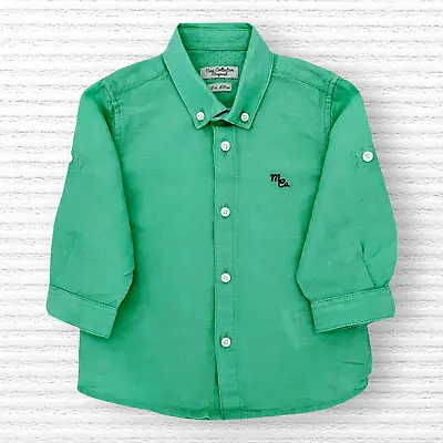 Mayoral Baby Boys Button-up Shirt Green Linen Blend Roll-Up Sleeve Kids Size 6M • $14.44