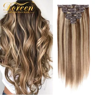 European Human Hair Extensions Clip In Light Brown To Platinum Blonde Straight • $172.82