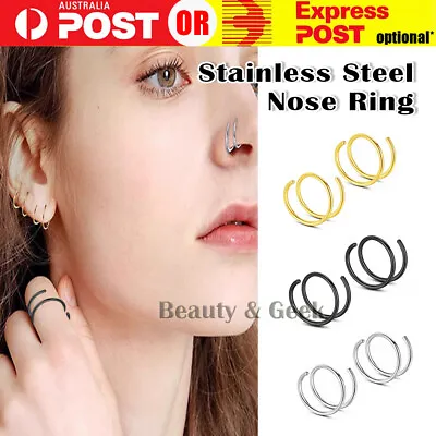 2PCS Double Nose Hoop Ring Twisted Spiral Piercing Stainless Steel Body Jewelery • $4.98