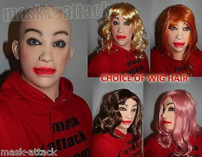 Latex Female Girl Cross Dress Rubber Full Head Woman Lady Tv Hood Mask + Hair • £64.99