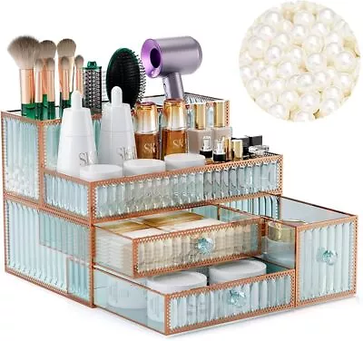 Tempered Glass Makeup Organizer - Elegant Vanity Storage For Cosmetics • $47.49