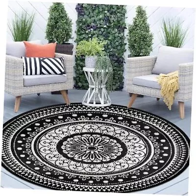  Reversible Outdoor Rugs 6Ft Round Patio Rugs Lightweight 6’ Round Black/White • $46.38