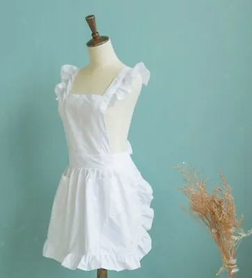   Style Pinafore Apron Maid Lace Smock Costume Ruffle Pocket - White • £14.65