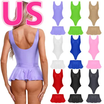 US Women's Glossy High Cut Bodysuit Bikini Thong Leotard With Low Rise Miniskirt • $11.46