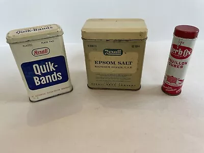 Vintage Rexall Epsom Salt & Quik Bands Tin Containers13 Band Aids & Herb-Ox Tin • $14