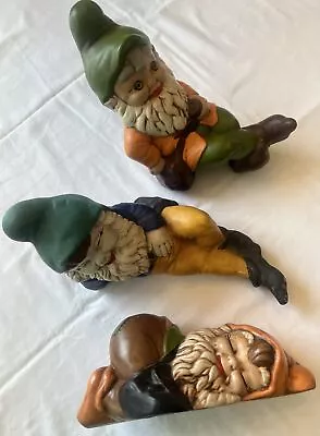 Vintage 70's Set Of 3 Garden Gnomes~Hand Painted Molded Ceramic Bisque Figurines • $15