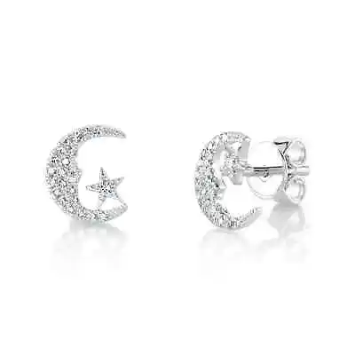 Diamond Moon And Star Stud Earrings 14K White Gold 0.12 CT Round Cut Natural • $499