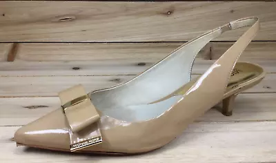 Michael Kors Heels Womens 8M Patent Leather Kitten Heel Slingback Nude Gold Bows • $14.99