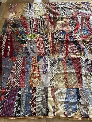 Vintage Crazy Silk Quilt With Silk Back Granny Cottage Core 69x85” READ • $88.50