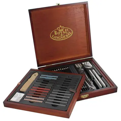 ARTIST PREMIER Drawing Sketching Set Graphite & Charcoal Pencils In Wooden Case • £26.95