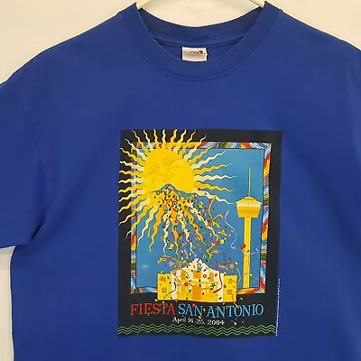 Vtg San Antonio Texas Fiesta Festival Sun Mariachi T-Shirt Blue Sz L USA Anvil • $16.96