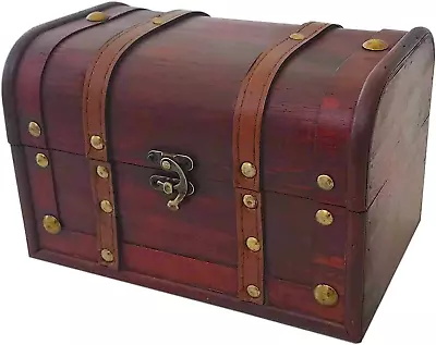 Wood And Leather Treasure Decorative Storage Wooden Chest Box With Lock And Lids • $33.80