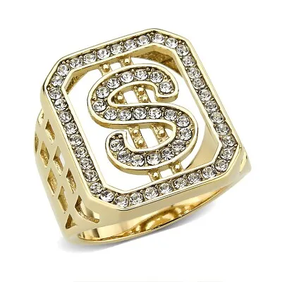 £19.95 • Buy Mens Gold Ring Dollar Signet Pinky Usa  Ring Cubic Zirconia Steel Stamped