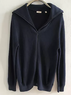 Esprit Mens Cardigan Sweater Large L Ribbed Knit Navy Blue Organic Cotton READ • $20.99