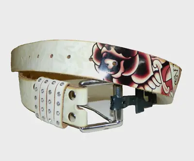 NEW Ed Hardy White Pink Leather Belt With Hearts Flowers Size S EH3291 • $35