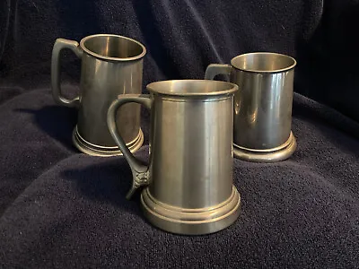 Vintage Pewter Beer Mugs Stein Tankard Set  3 Glass Bottoms Barware Decor • $23.75