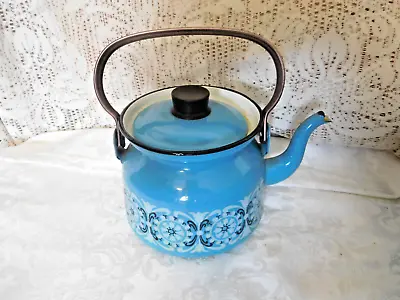Finel Arabia Teapot Blue Floral Enamelware Kettle Vintage MCM Finland ~FREE SHIP • $39