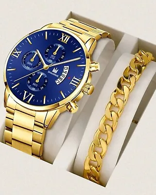 Men's Business Fashion Watch With FREE Bracelet Gold & Blue Quartz FREE P&P UK • £9.99