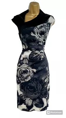 KAREN MILLEN Size 14 GORGEOUS Black Beige Floral Evening Occasion Party Dress • £0.99