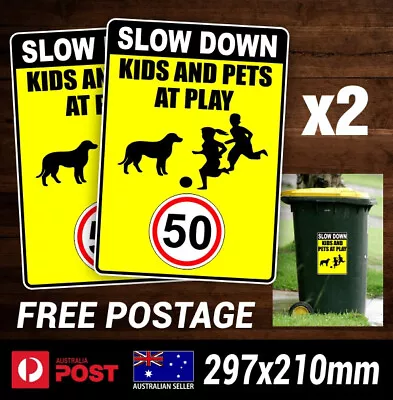 Wheelie Bin Stickers SLOW DOWN KIDS AND PETS AT PLAY Speed Limit 50 X2 - Decal • $15