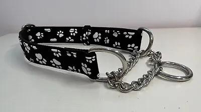 Martingale Half Check Choke Chain Dog Collar In Black And White Paws Design • £7.15