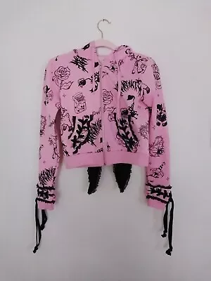 Dolls Kills Lace Rabbit Ear Crop Hoodie Tattoo Cartoon Print Pink Punk Goth Emo • $58.99