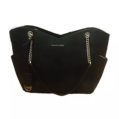 Michael Kors Jet Set Black Leather Zip Top Tote Shoulder Handbag • $65