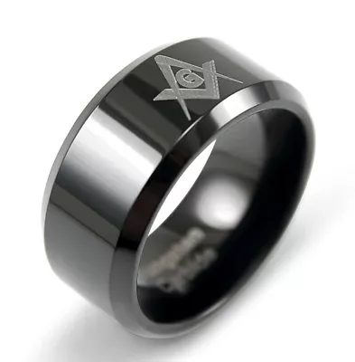 Masonic Black Tungsten Ring With Square & Compass | Freemasonry | Mens Rings • $29.99