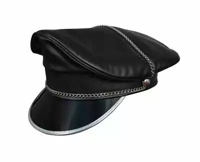 Genuine Leather Black Army Muir Biker Silver Peak Bluf Cap With Chain • £31.99