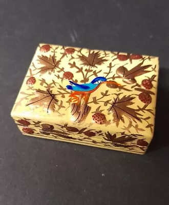 £10 • Buy Vintage Small Papier Mache Lacquered Trinket Box Painted Yellow With Bird